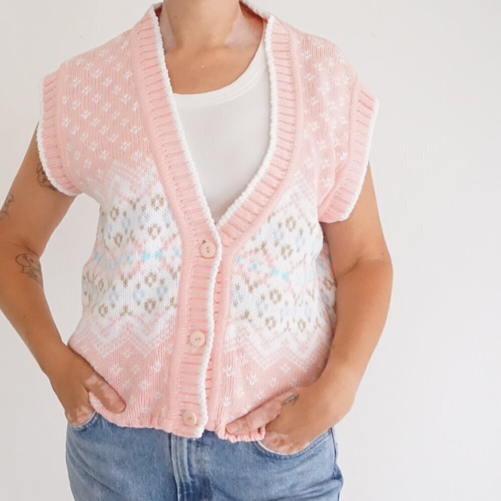 Vintage Keren Pink White Knit Fair Isle Sleeveless Cardigan Vest Cottagecore 4